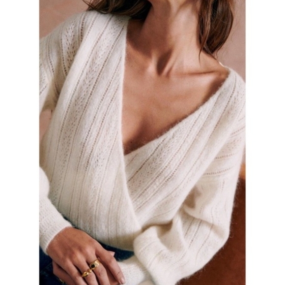 SÉZANE Cristina Cream Mohair Wool Crossover V Neck Crossover  Pointelle Sweater - Picture 3 of 16